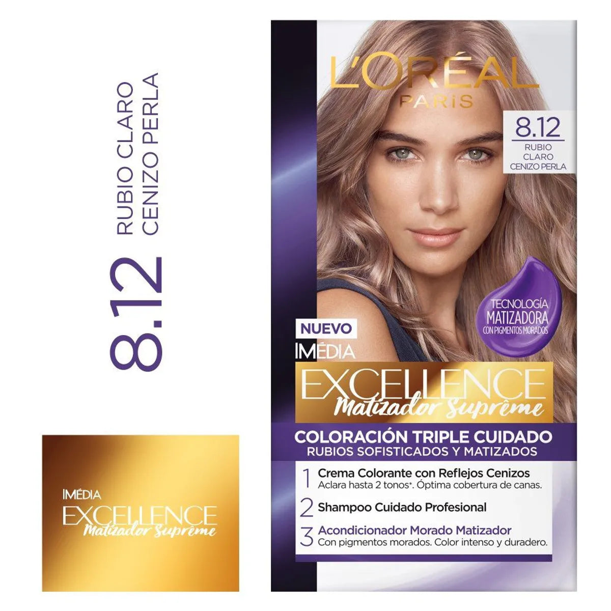 Tinte L'Oréal Paris Excellence 8.12 Rubio Claro Cenizo Perla